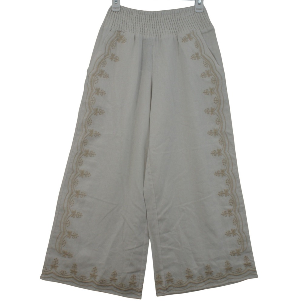 Tahari Womens White Linen Embroidered Wide Leg Smocked Waist Pants Medium NEW